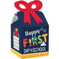 Big Dot of Happiness First Day of School - Square Favor Gift Boxes - Back to School Classroom Decorations Bow Boxes - Set of 12