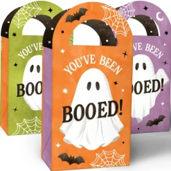 Big Dot of Happiness Ghostly You've Been Booed Favor Bags with Handles, Halloween Party Goodie Bags, Sturdy Paper Boo Basket Gift Boxes - Set of 12