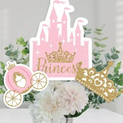 Big Dot of Happiness Little Princess Crown - Pink and Gold Princess Baby Shower or Birthday Party Centerpiece Sticks - Table Toppers - Set of 15