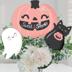 Big Dot of Happiness Pastel Halloween - Pink Pumpkin Party Centerpiece Sticks - Table Toppers - Set of 15