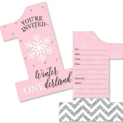 Big Dot of Happiness Pink Onederland - Shaped Fill-in Invitations - Snowflake Winter Wonderland Birthday Party Invite Cards with Envelopes - Set of 12
