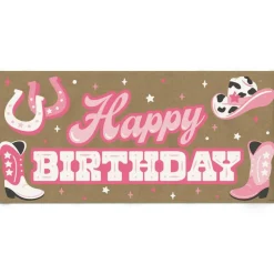Big Dot of Happiness Rodeo Cowgirl Birthday Kraft Paper Banner, Pink Western Happy Birthday Party, Printed Brown Paper Party Sign Decoration – 1 Count