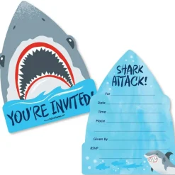 Big Dot of Happiness Shark Zone - Shaped Fill-In Invites - Jawsome Party or Birthday Party Invite Cards with Envelopes - Set of 12