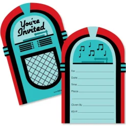 Big Dot of Happiness 50's Sock Hop - Shaped Fill-In Invitations - 1950s Rock N Roll Party Invitation Cards with Envelopes - Set of 12