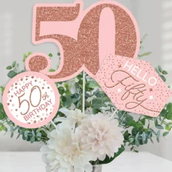 Big Dot of Happiness 50th Pink Rose Gold Birthday - Happy Birthday Party Centerpiece Sticks - Table Toppers - Set of 15