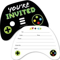 Big Dot of Happiness Video Game - Shaped Fill-in Invitations - Pixel Game Zone Party or Birthday Party Invitation Cards with Envelopes - Set of 12