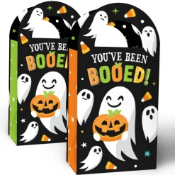 Big Dot of Happiness You've Been Booed Favor Bags with Handles, Halloween Party Goodie Bags, Sturdy Paper Boo Basket Gift Boxes - Set of 12