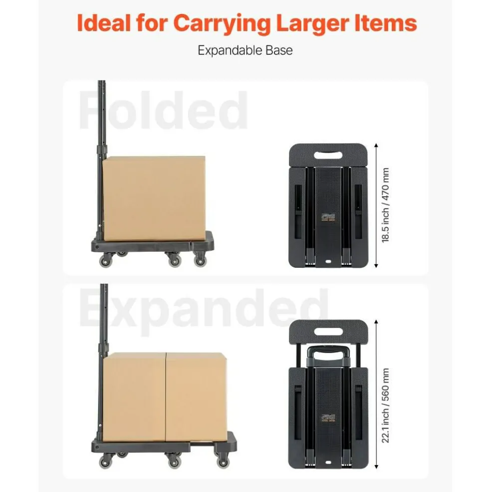 Black Alloy Steel Folding Hand Truck with 6 Wheels & Expandable Base