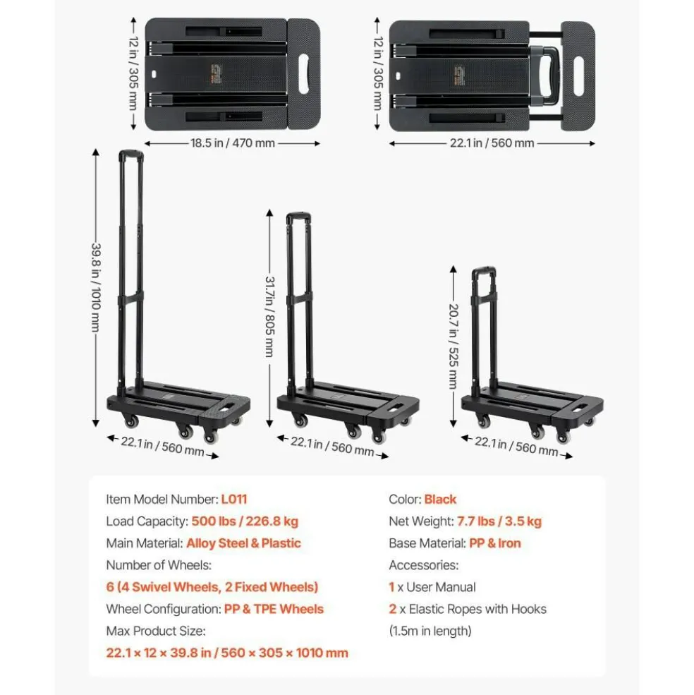 Black Alloy Steel Folding Hand Truck with 6 Wheels & Expandable Base