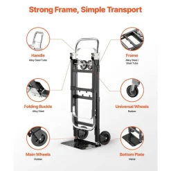 Black Alloy Steel Folding Hand Truck with 2/4-Wheel Modes & Telescopic Handle