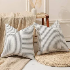 Black and Beige Patchwork Farmhouse Throw Pillows Covers 18 x 18 Inch, Pack of 2 Striped Decorative Pillow Case for Sofa Couch Bed Chair Modern Boho Decor(Black)