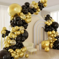 Black and Gold Balloons Arch Garland Kit, 122pcs Gold and Black Confetti Balloons with 16ft Tape Strip & Dot Glue for Graduation Birthday New Year Party Decorations