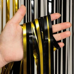 Black and Gold Streamers Party Decorations, 2 Set Metallic Tinsel Foil Fringe Curtains, 3.2 x 8.2 Ft Shimmer Backdrop for Photo Booth, Birthday, Wedding and New Year Events