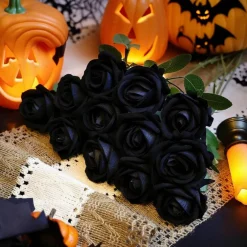 Black Artificial Roses 12PCS, 20 Inch Long Stem Silk Rose Flowers with Leaves, Realistic Faux Roses for Halloween Decor, DIY Wedding Bouquets, Home Office Vase Arrangements and Party Decorations
