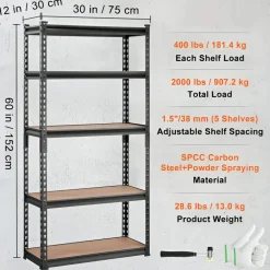 Black Carbon Steel Adjustable 5-Tier Garage Storage Rack with MDF Shelves