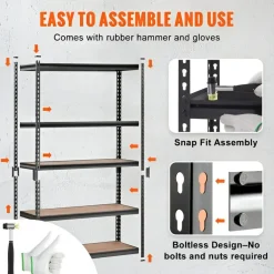 Black Carbon Steel Adjustable 5-Tier Garage Storage Rack with MDF Shelves