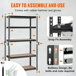 Black Carbon Steel Adjustable 5-Tier Garage Storage Rack with MDF Shelves