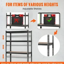 Black Carbon Steel Adjustable 5-Tier Garage Storage Rack with MDF Shelves