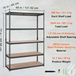 Black Carbon Steel Adjustable 5-Tier Garage Storage Rack with MDF Shelves