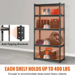 Black Carbon Steel Adjustable 5-Tier Garage Storage Rack with MDF Shelves