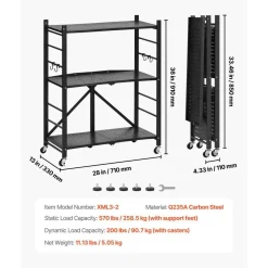Black Carbon Steel Folding Garage Storage Shelf with Casters, 570 lbs Load and J-Hooks