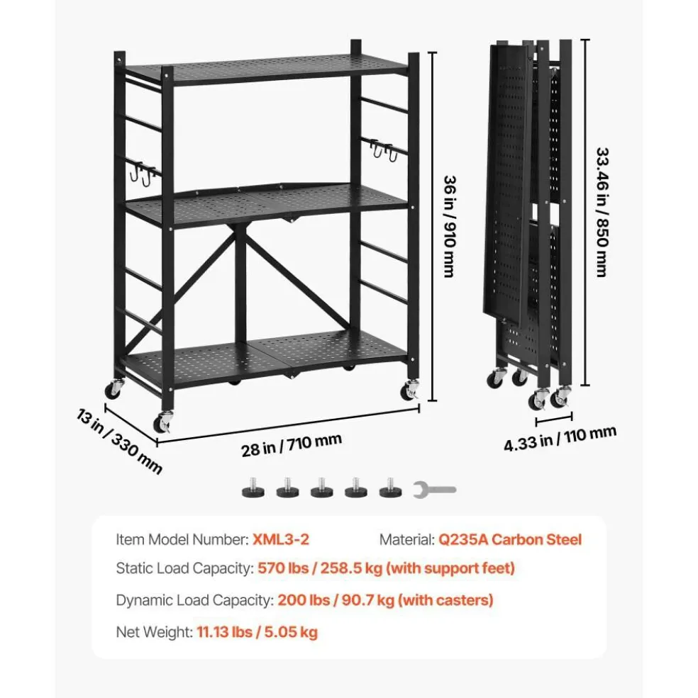 Black Carbon Steel Folding Garage Storage Shelf with Casters, 570 lbs Load and J-Hooks