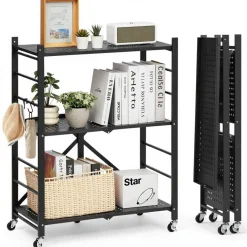 Black Carbon Steel Folding Garage Storage Shelf with Casters, 570 lbs Load and J-Hooks