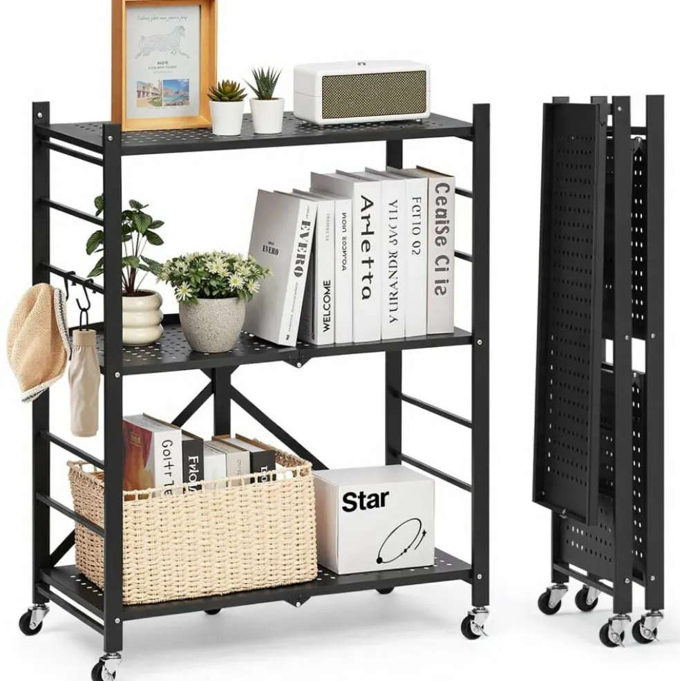 Black Carbon Steel Folding Garage Storage Shelf with Casters, 570 lbs Load and J-Hooks