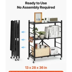 Black Carbon Steel Folding Garage Storage Shelf with Casters, 570 lbs Load and J-Hooks