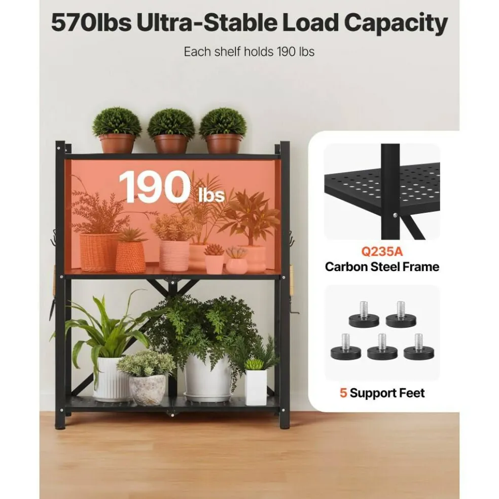 Black Carbon Steel Folding Garage Storage Shelf with Casters, 570 lbs Load and J-Hooks