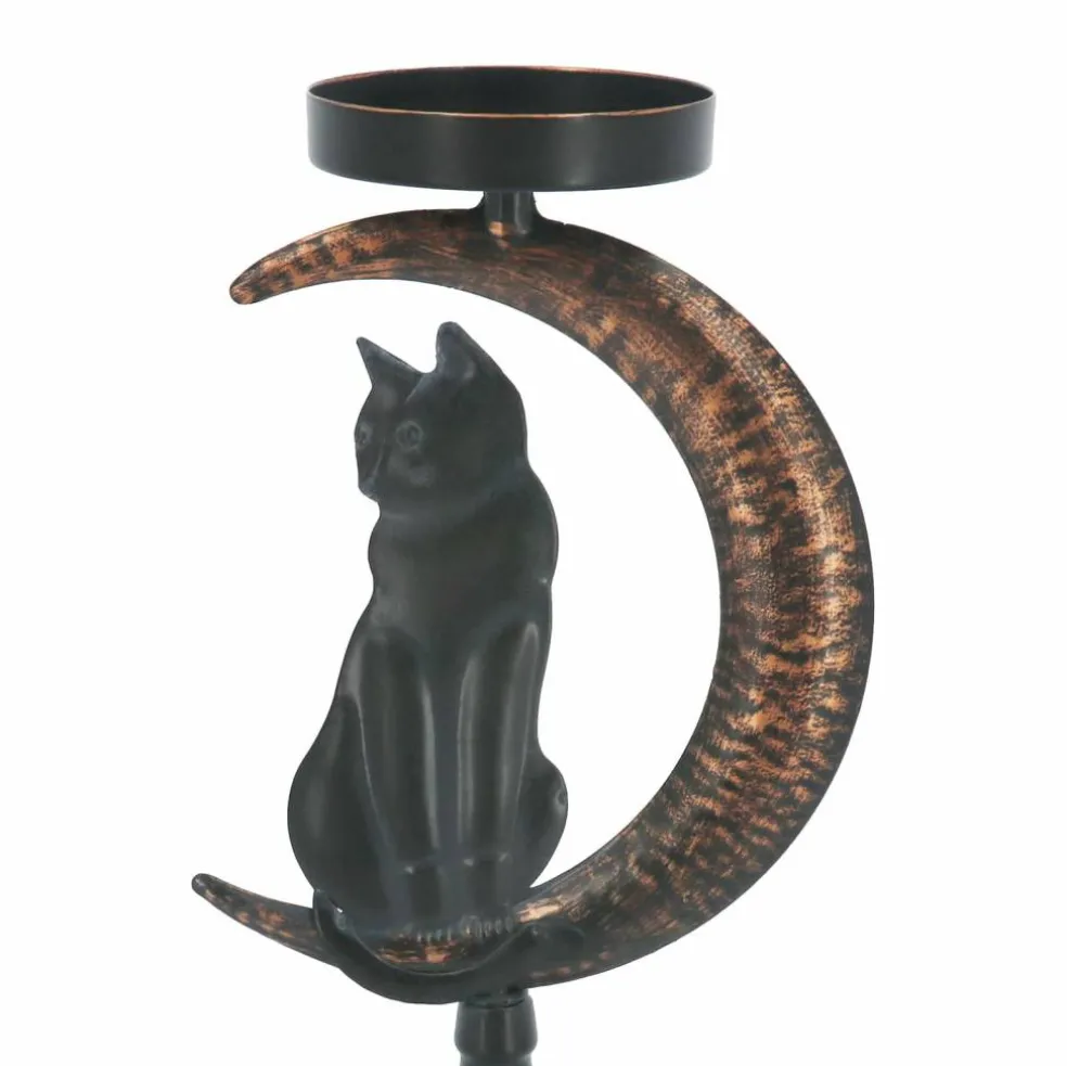 13" Black Cat in Moon Metal Pillar Candle Holder by Ashland®
