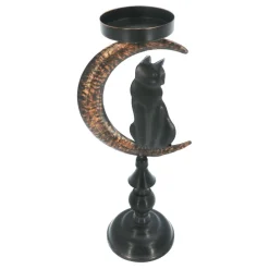 13" Black Cat in Moon Metal Pillar Candle Holder by Ashland®