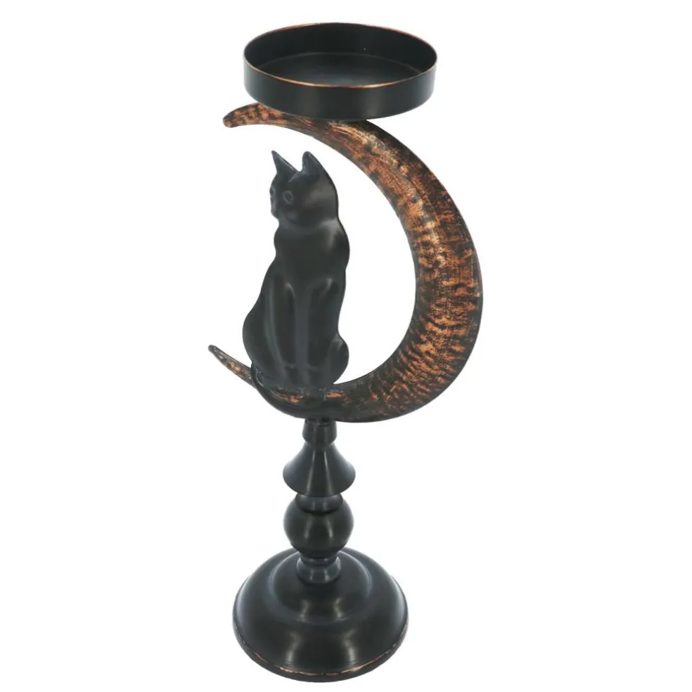 13" Black Cat in Moon Metal Pillar Candle Holder by Ashland®