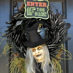 Black Feather Wreath 15 Inch, Natural Feather Halloween Wreath for Front Door, Witch Spooky Party Decor, Haunted House Photo Prop for Porch, Window, Living Room and Halloween Party