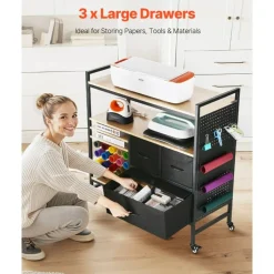 Black Fiberboard Steel Rolling Craft Cart with Storage Shelves, Fabric Drawers, DIY Pegboard, Vinyl Rack, Mobile Hobby Workstation for Sewing and DIY Projects