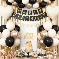 Black Gold Birthday Decorations,Party Decorations with Sand White Champagne Gold Balloon Heart Balloons Happy Birthday Banner Fringe Curtain for Women Men Boho Baby Shower Birthday Party Decor
