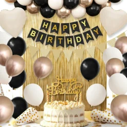 Black Gold Birthday Decorations,Party Decorations with Sand White Champagne Gold Balloon Heart Balloons Happy Birthday Banner Fringe Curtain for Women Men Boho Baby Shower Birthday Party Decor