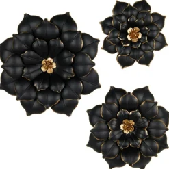 Black & Gold Metal Floral 3D Wall Décor with Gold Center Set