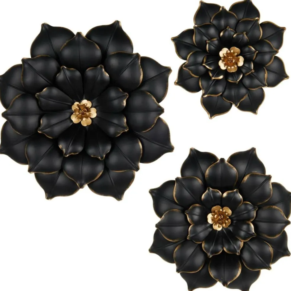 Black & Gold Metal Floral 3D Wall Décor with Gold Center Set