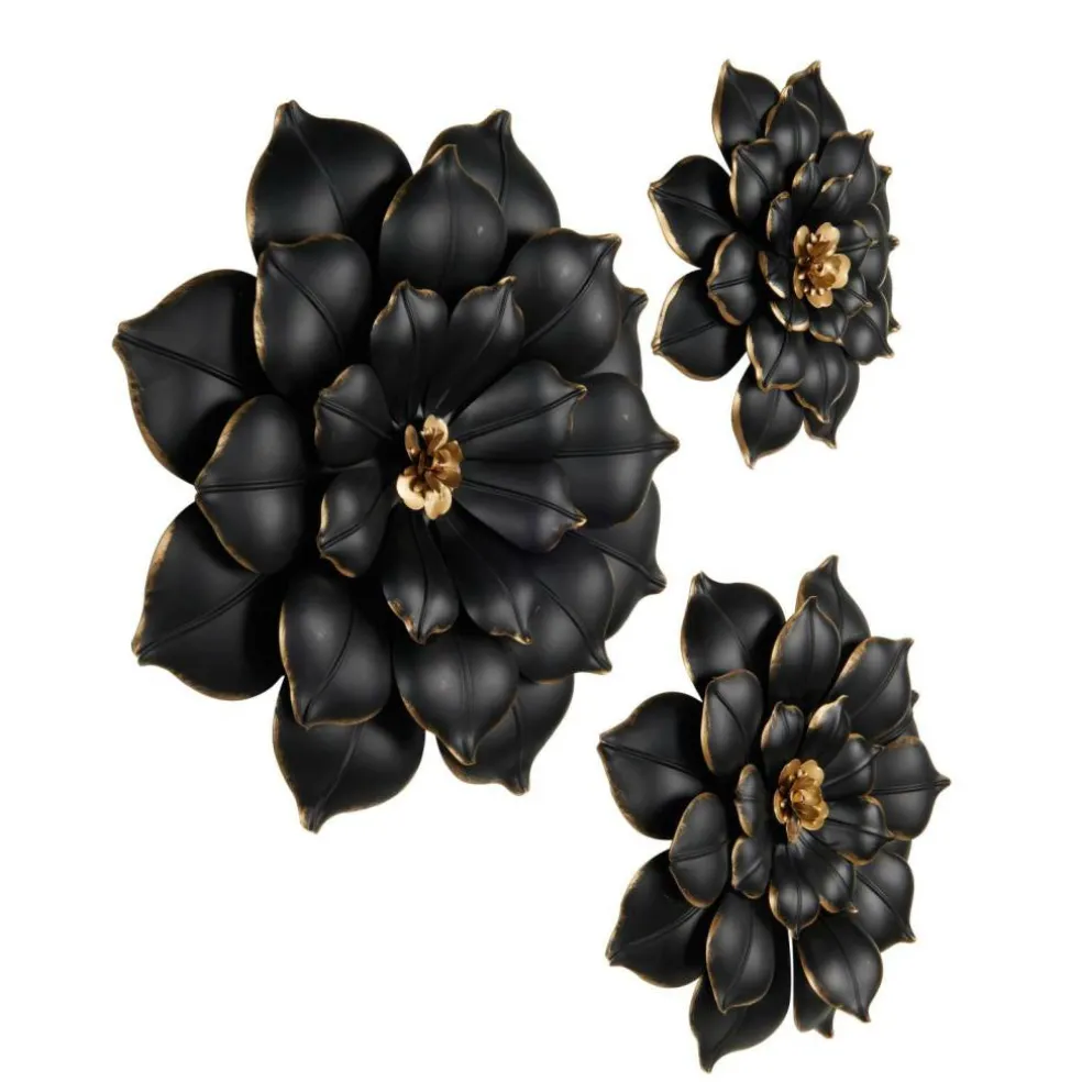 Black & Gold Metal Floral 3D Wall Décor with Gold Center Set