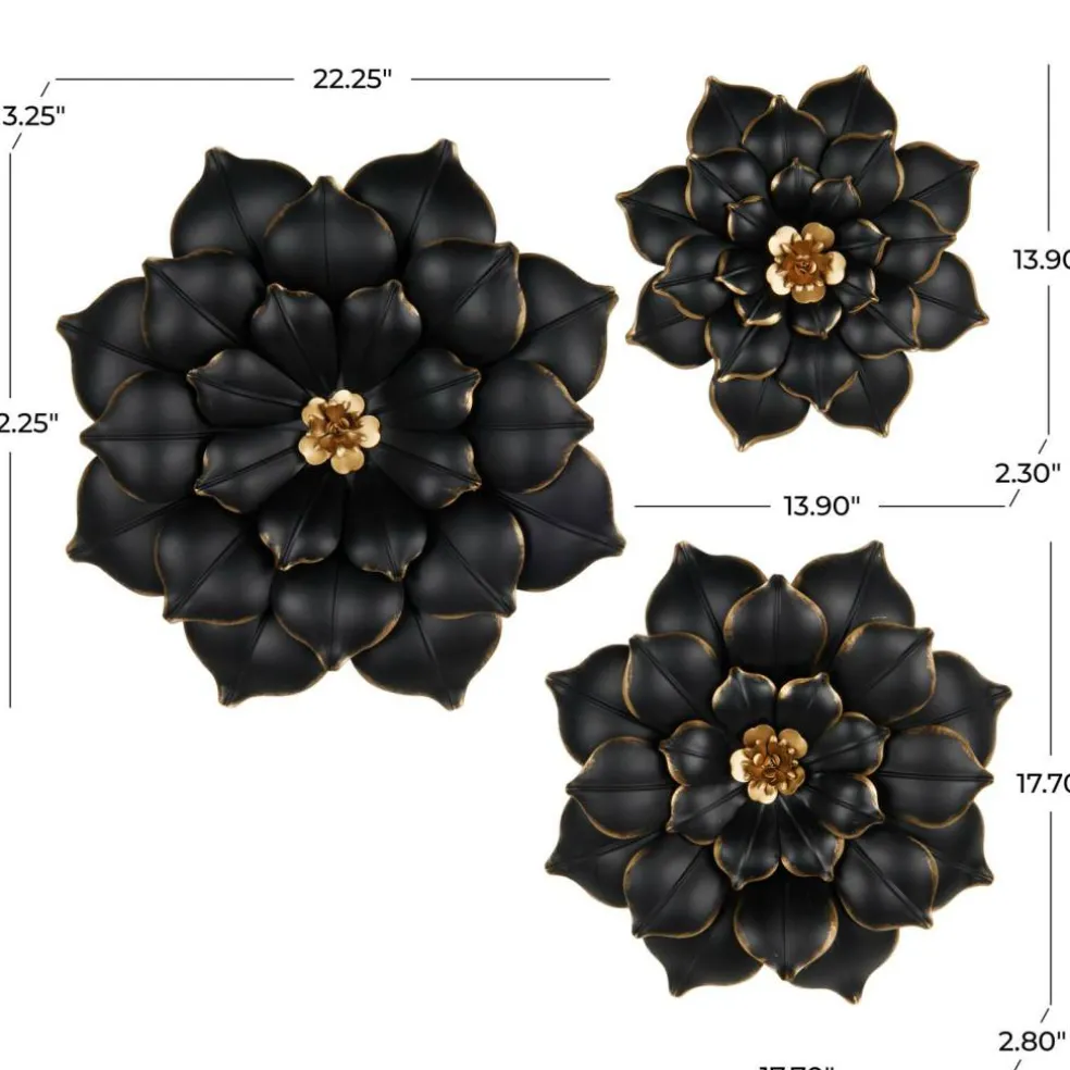 Black & Gold Metal Floral 3D Wall Décor with Gold Center Set