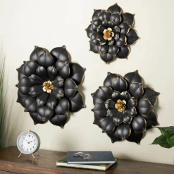 Black & Gold Metal Floral 3D Wall Décor with Gold Center Set
