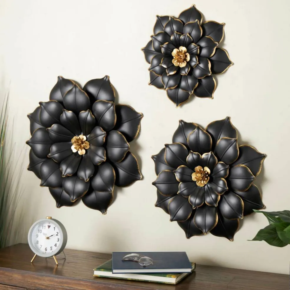 Black & Gold Metal Floral 3D Wall Décor with Gold Center Set