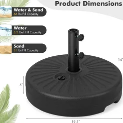 Black HDPE Patio Umbrella Base with Metal Pole and Refillable Design