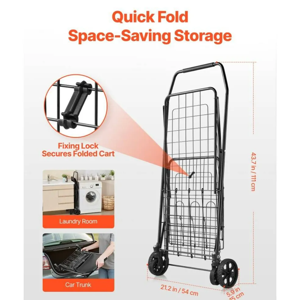 Black Iron Utility Cart 100lbs Load Foldable Shopping Laundry Wagon