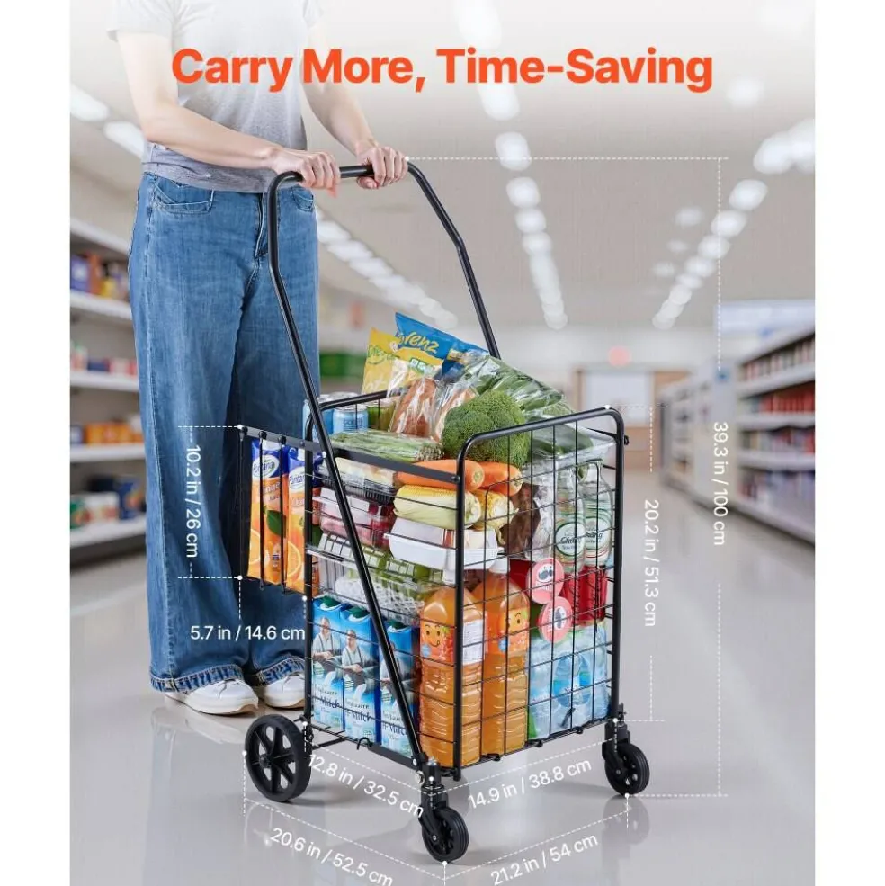 Black Iron Utility Cart 100lbs Load Foldable Shopping Laundry Wagon