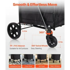 Black Iron Utility Cart 100lbs Load Foldable Shopping Laundry Wagon