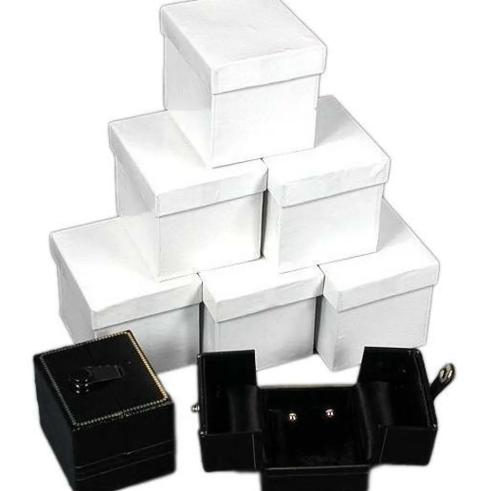 6 Black Leather Earring Gift Boxes Display Snap Lid Box