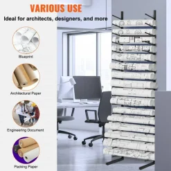 Black Metal 16-Tier Wall-Mounted Blueprint Storage Rack Heavy Duty