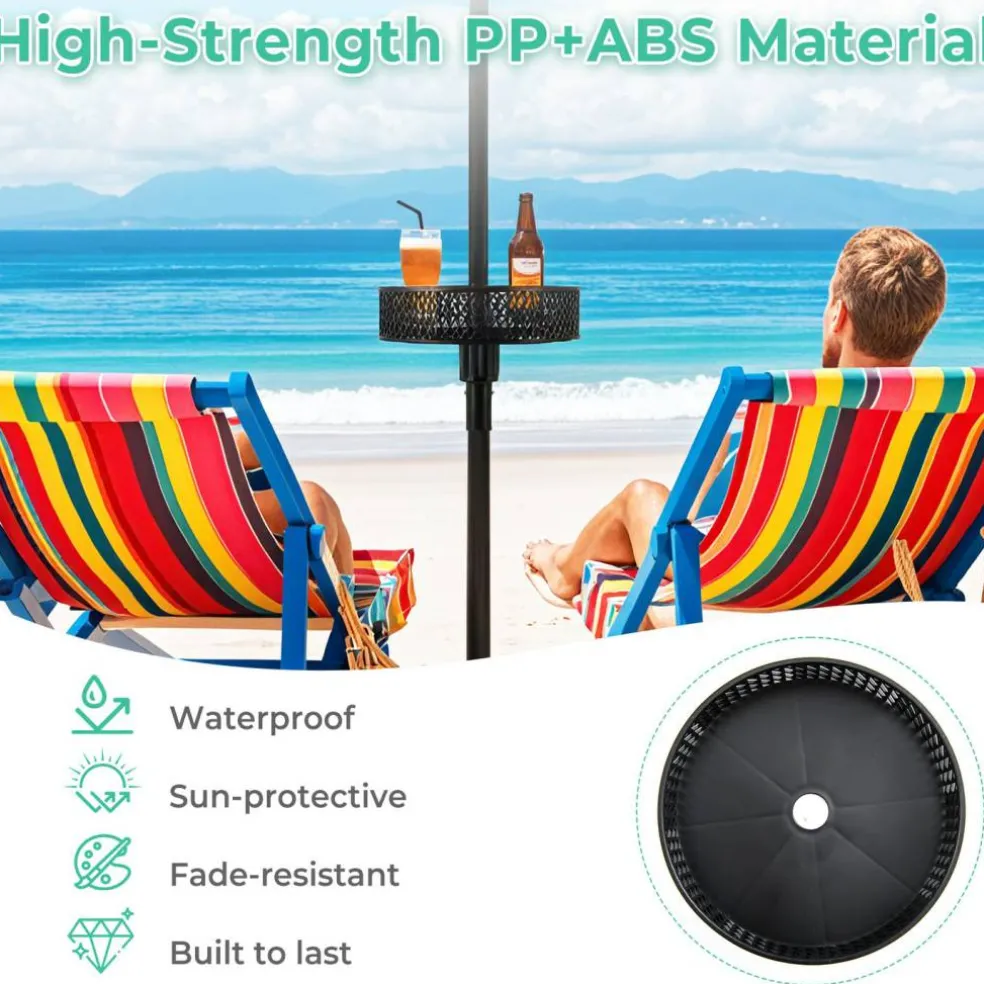 Black Patio Umbrella Table Tray with 3 Adapters for 1.26-1.5" Poles